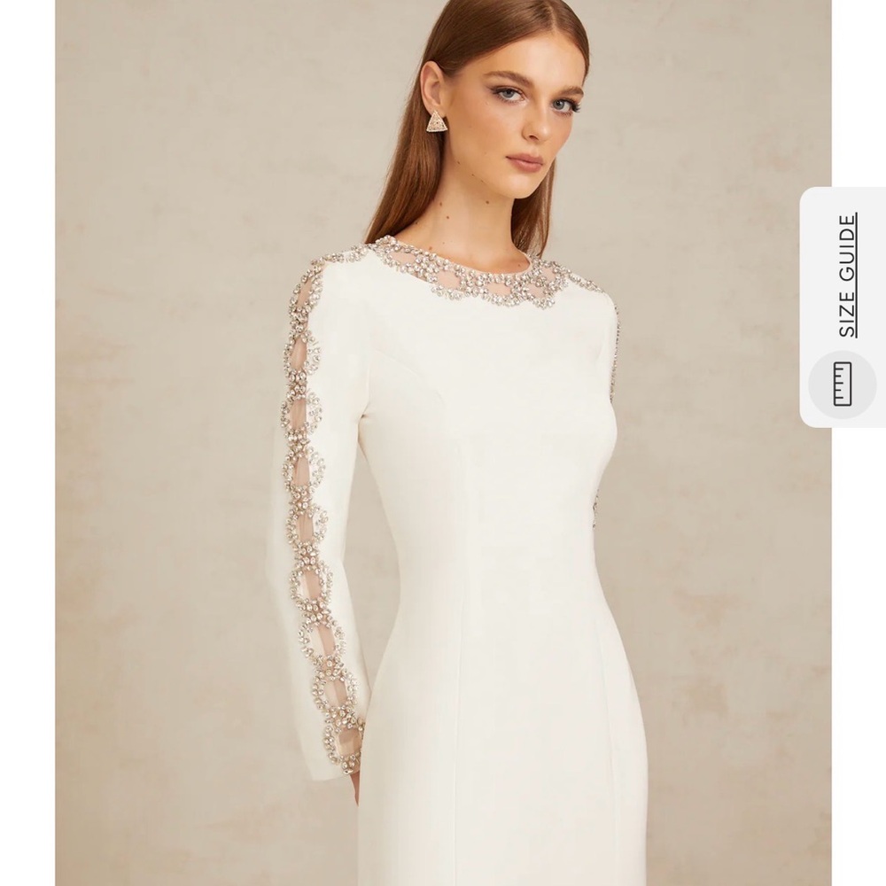 Long-Sleeve White Embellished Evening Dress